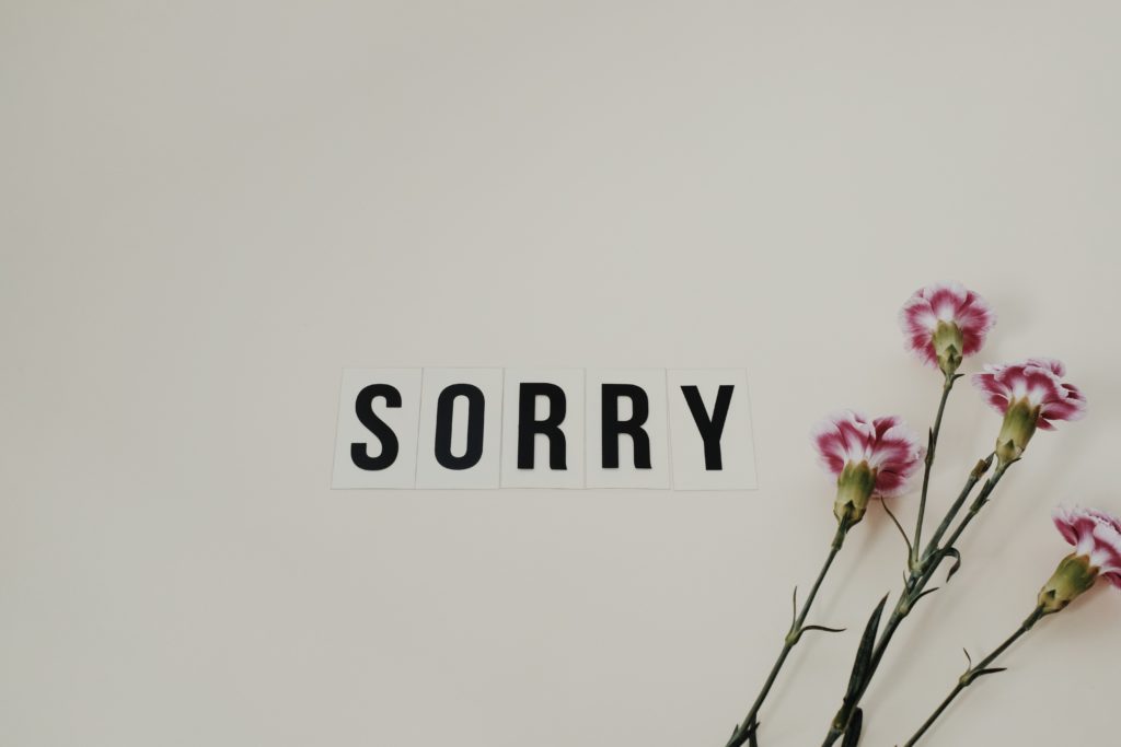 Block letters spelling out "SORRY" on a white background next to pink and white long stemmed flowers.